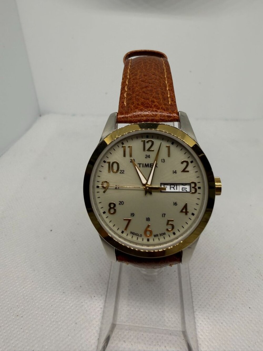 Timex Men’s 38mm Day-Date Watch Brown Leather Strap Gold Tone Cream Dial 30M